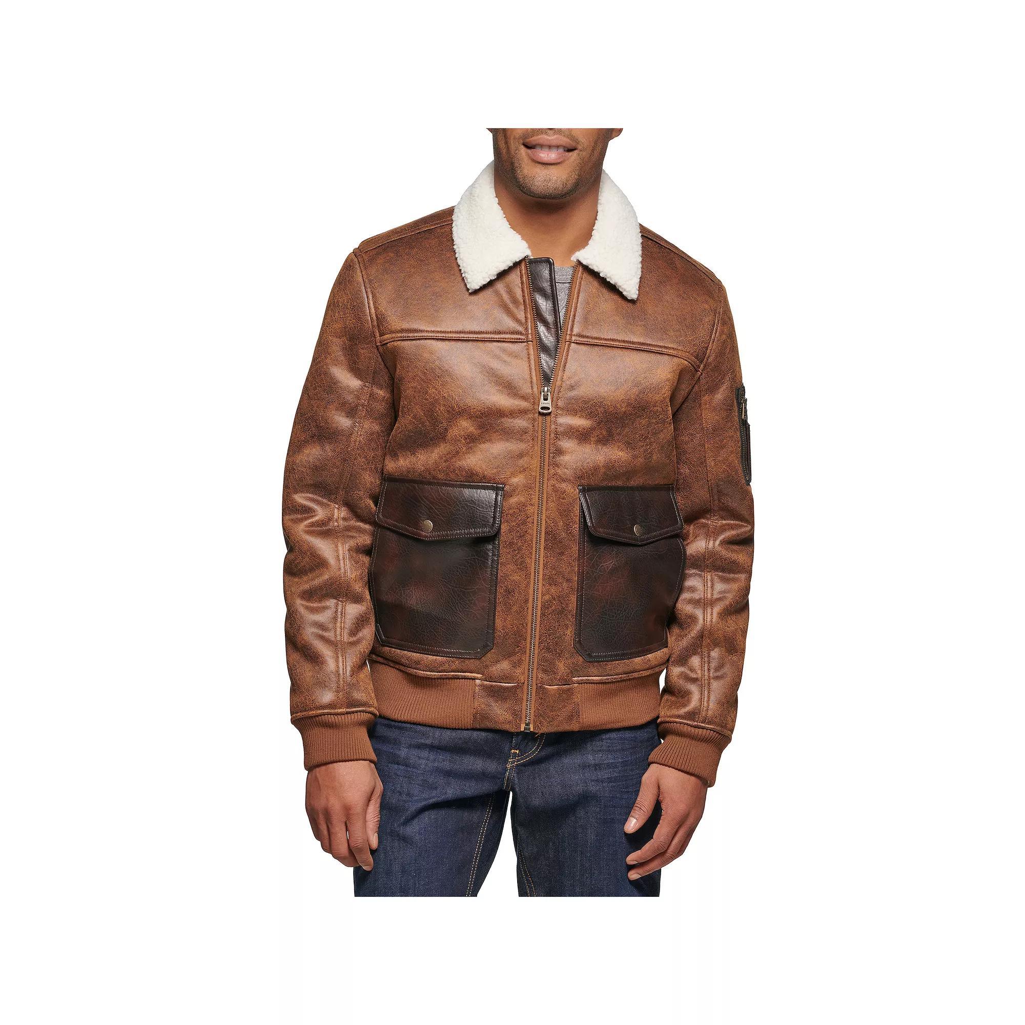 Mens Levis Faux Leather Military Jacket with Sherpa Collar Product Image