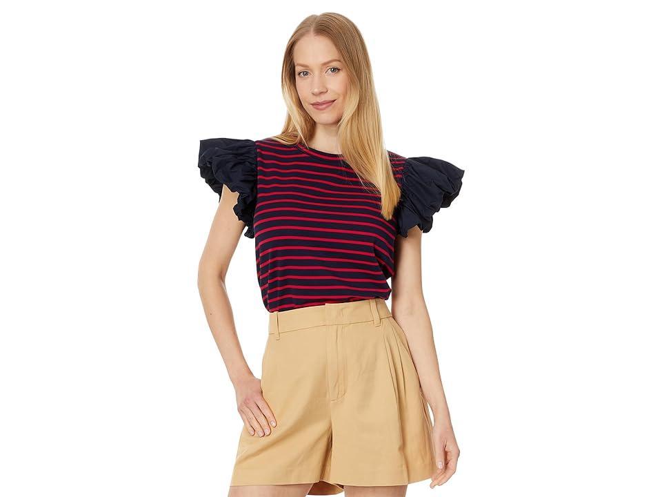 English Factory Stripe Knit with Poplin Puff Sleeve Top (Navy/Red) Women's Clothing Product Image