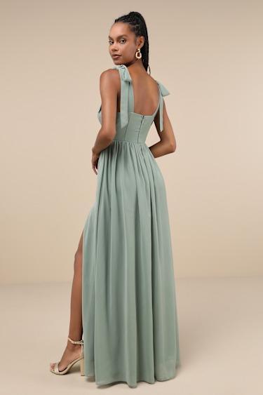 Radiant Charisma Sage Brush Chiffon Ruched Tie-Strap Maxi Dress Product Image