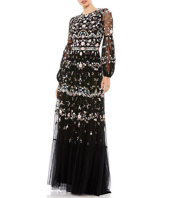 Mac Duggal Long Sheer Sleeve Crew Neck Floral Print Embroidered Tiered A-Line Gown Product Image