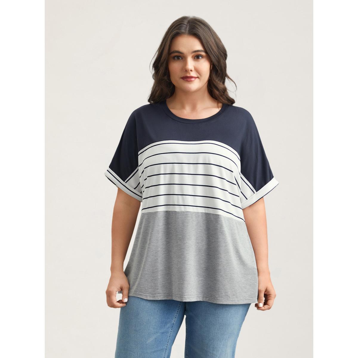 Plus Size Color-Block Stretchy Stripes T-Shirt DarkBlue Women Leisure Contrast Round Neck Casual T-shirts BloomChic 14-16/1X Product Image
