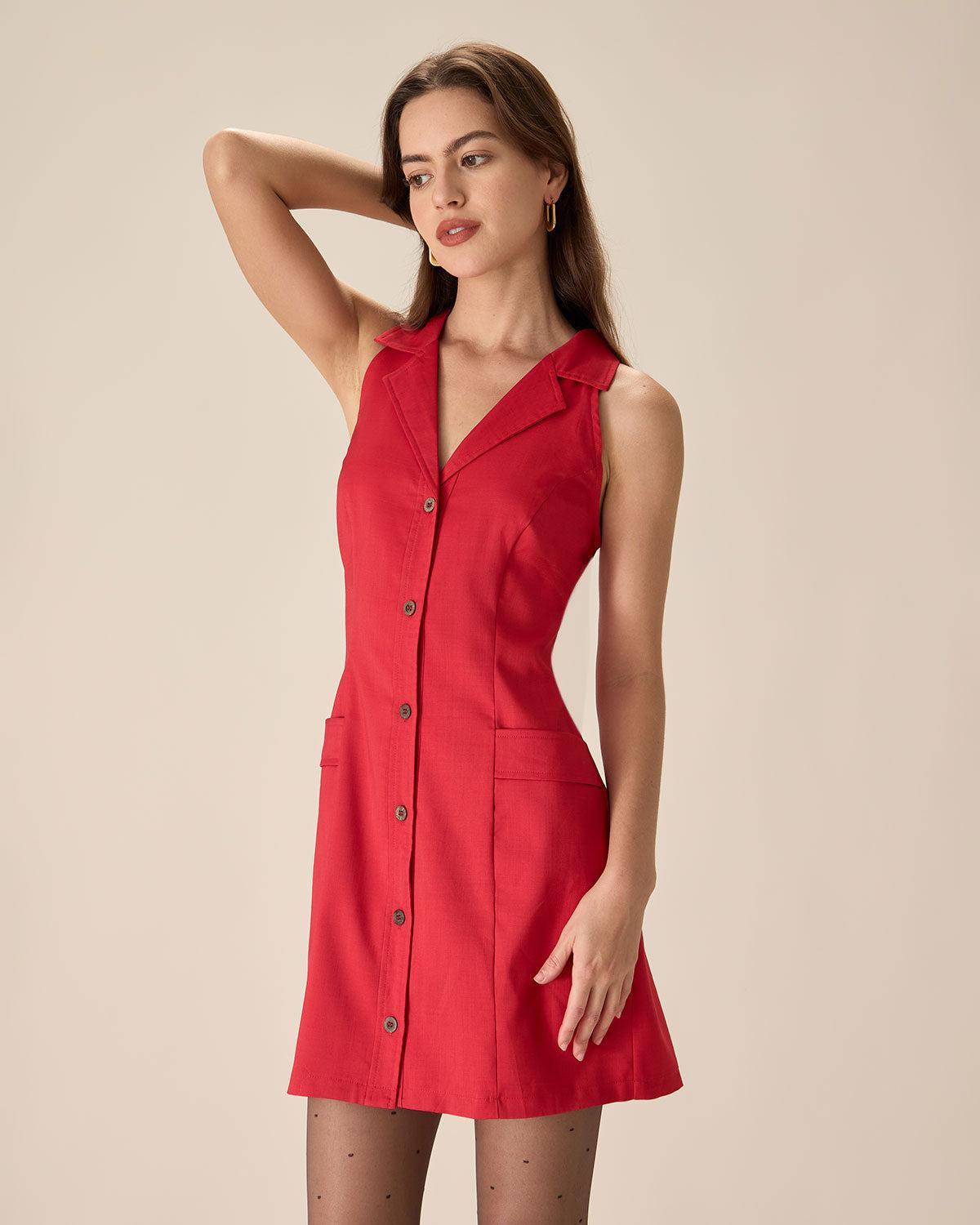 Red Collared Pocket Button Mini Dress Product Image