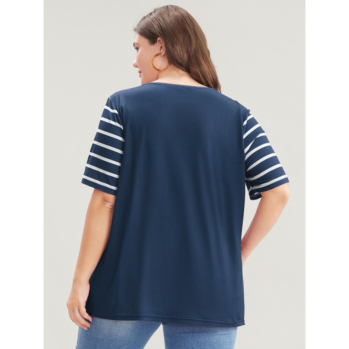 Plus Size Striped Contrast Round Neck T-shirt DarkBlue Women Casual Striped Round Neck Dailywear T-shirts BloomChic 26/4X Product Image