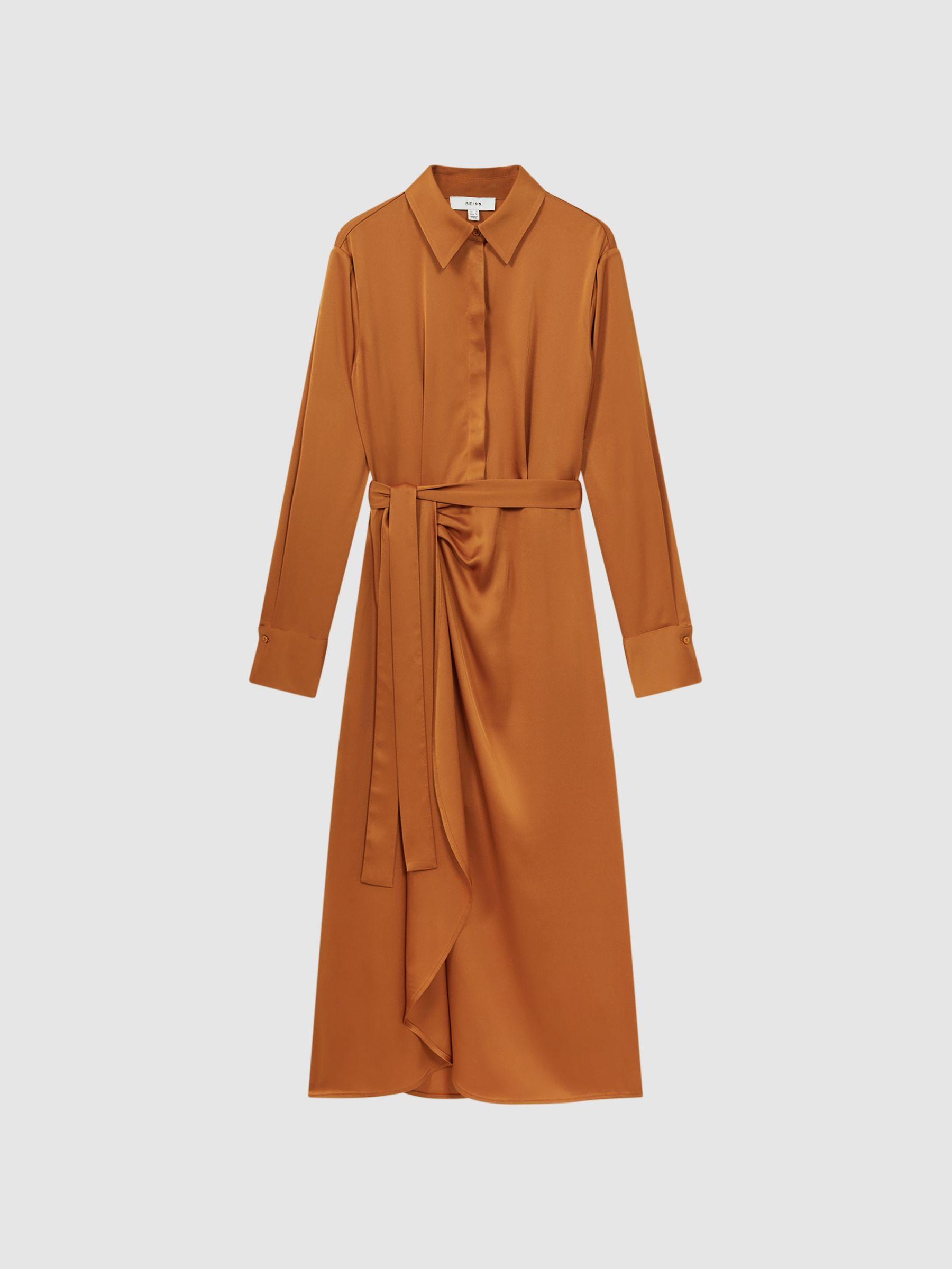 Satin Shirt-Style Midi Dress in Rust Product Image