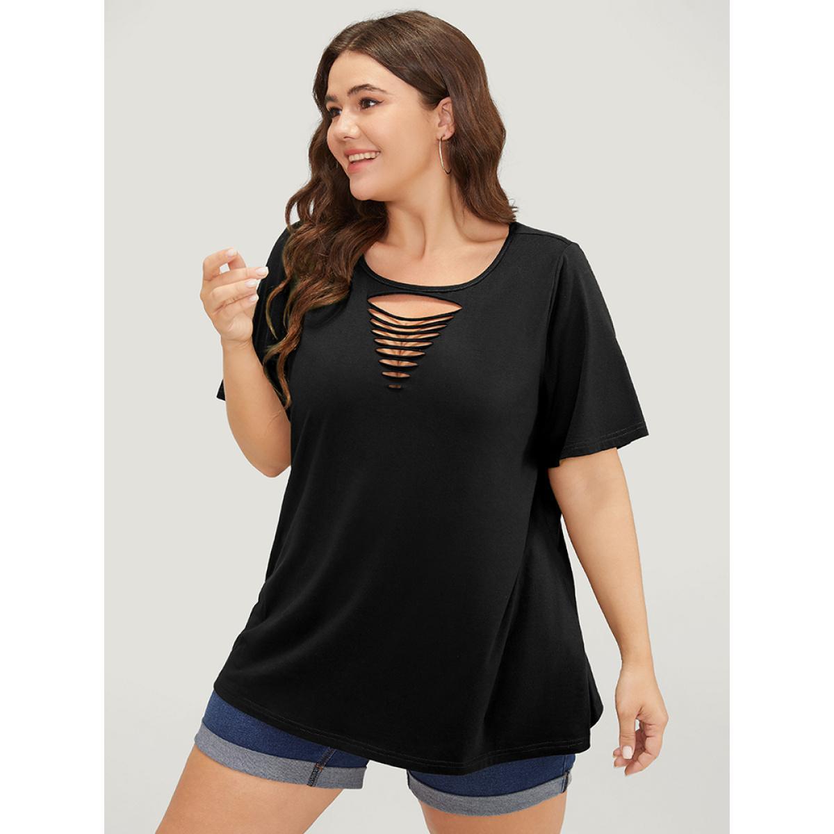Plus Size Plain Cut Out Short Sleeve T-shirt Black Women Casual Cut-Out Plain Round Neck Dailywear T-shirts BloomChic 12/L Product Image