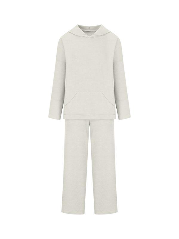 Loose Solid Color Round-Neck Hooded Long Sleeves Sweater Top + Drawstring Pants Bottom Two Pieces Set Product Image