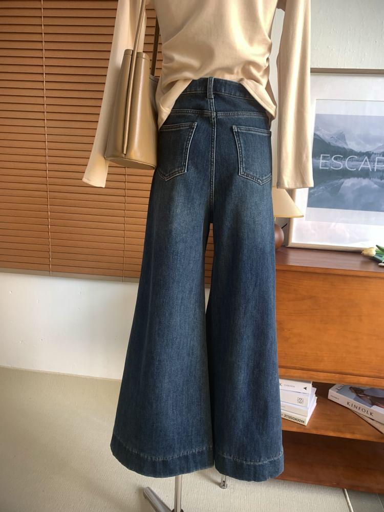 High Waist Washed Fleece-Lined Flared Jeans Product Image