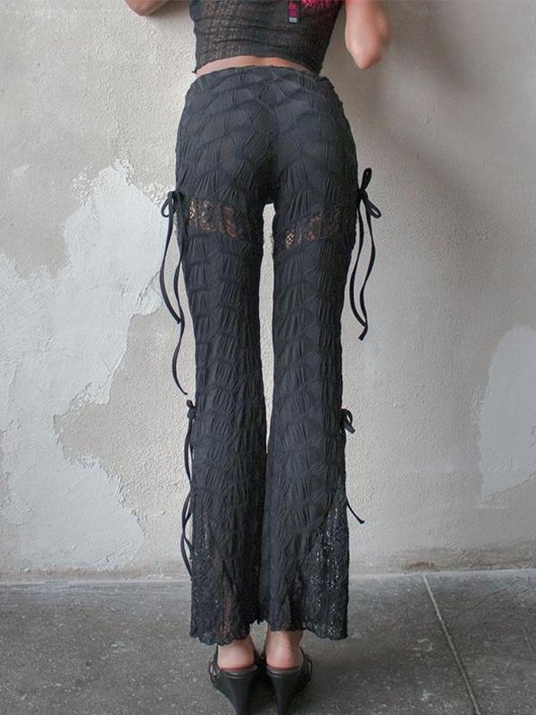 Textured Cutout Lace Splice Tie Up Flare Leg Pants Product Image