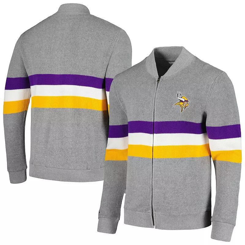 Mens Mitchell & Ness Gray Minnesota Vikings Striped Full-Zip Cardigan Sweater Product Image