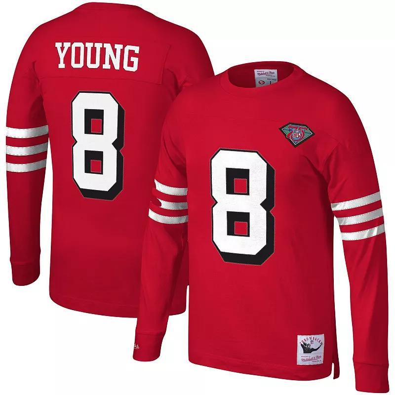 Mens Mitchell & Ness Steve Young Scarlet San Francisco 49ers Retired Player Name & Number Long Sleeve Top Product Image