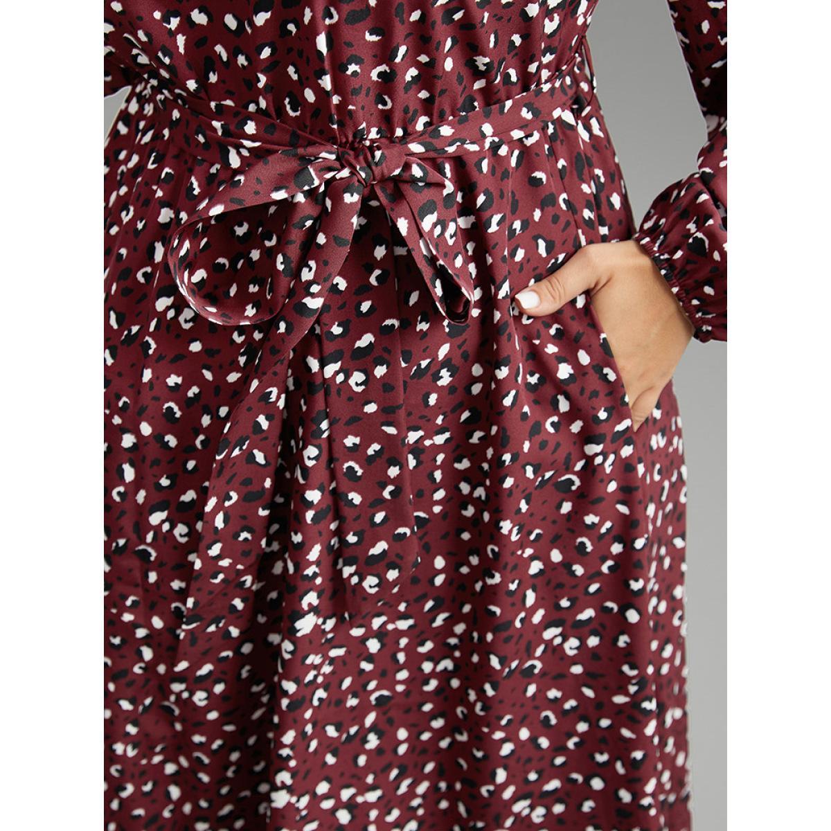 Plus Size Allover Print Elastic Cuffs Frill Trim Belted Dress Burgundy Women Elegant Elastic cuffs Mock Neck Long Sleeve Curvy Midi Dress BloomChic 12/L Product Image