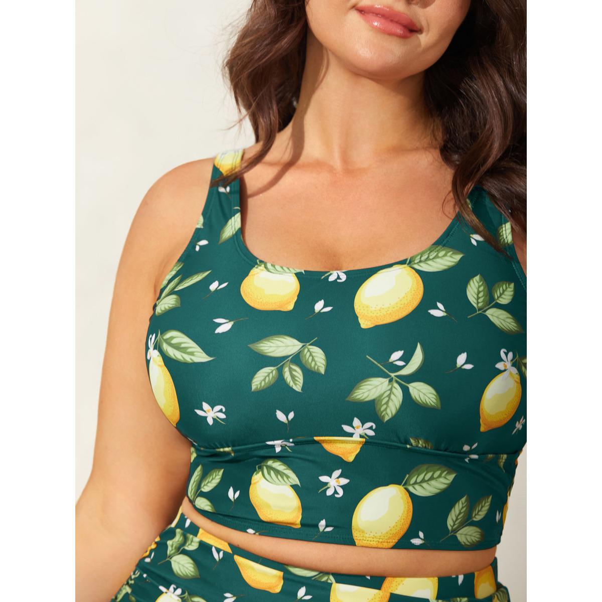 Plus Size Lemon Print Scoop Neck Swim Top Women's Swimwear Aegean Resort High stretch Skinny U-neck Curve Swim Tops BloomChic 30/6X Product Image