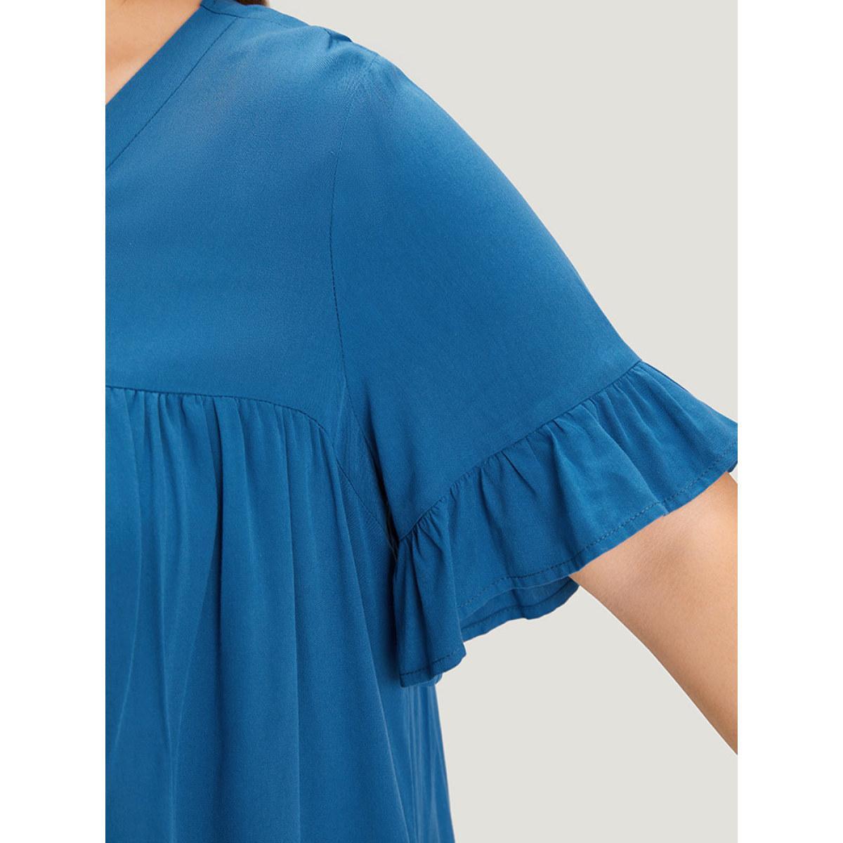 Plus Size Aegean Solid Flutter Trim Pleated Button Detail Blouse Women Office Short sleeve V-neck Work Blouses BloomChic 30/6X Product Image