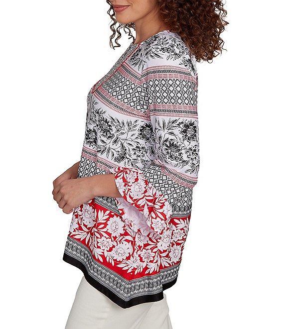 Ruby Rd. Printed Embellished Keyhole Neck 3/4 Ruffle Sleeve Sharkbite Hem Top Product Image