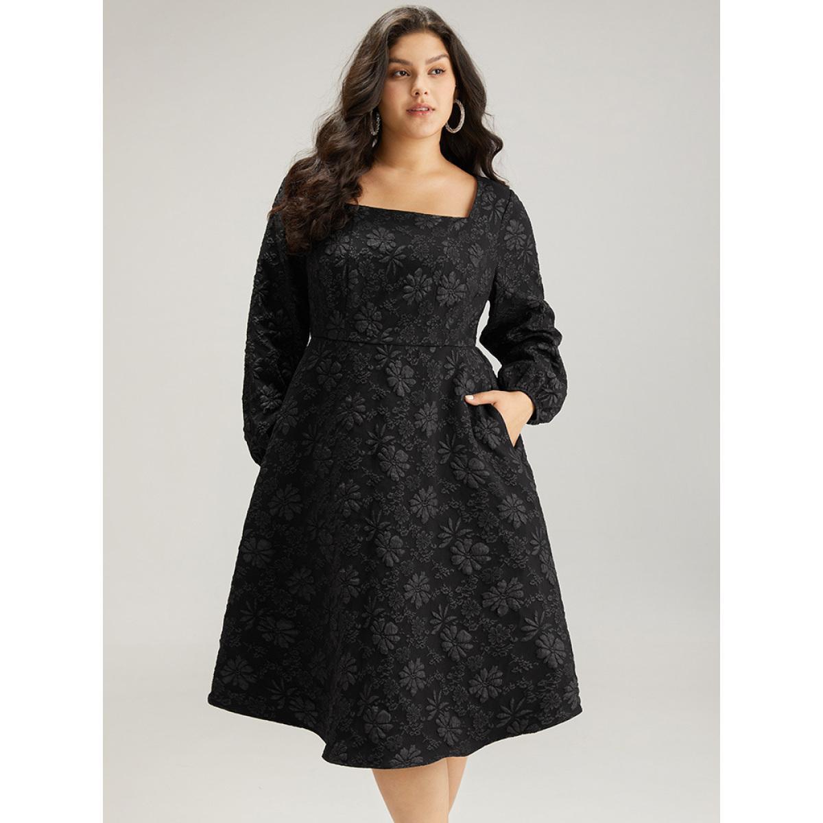 Plus Size Floral Print Plisse Pocket Lantern Sleeve Dress Black Women Cocktail Elastic cuffs Square Neck Long Sleeve Curvy Midi Dress BloomChic 10/M Product Image