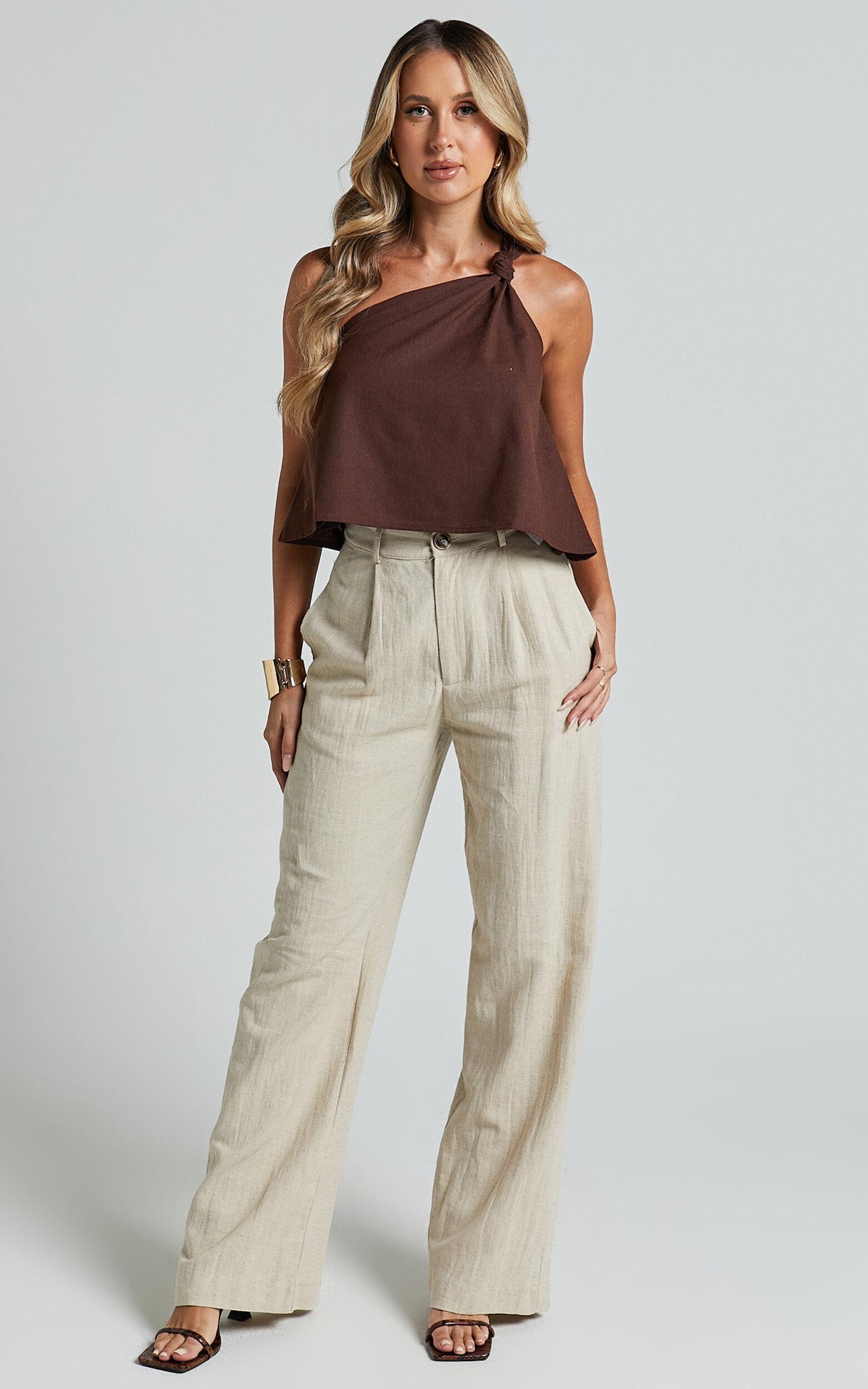 Analia Top - Linen Look One Shoulder Knot Detail Top in Chocolate Product Image