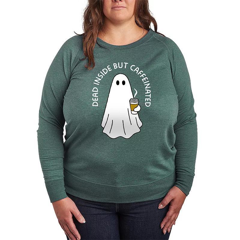 Plus Size Dead Inside Caffeinated Ghost French Terry Long Sleeve Tee, Womens Grey Dark Red Product Image