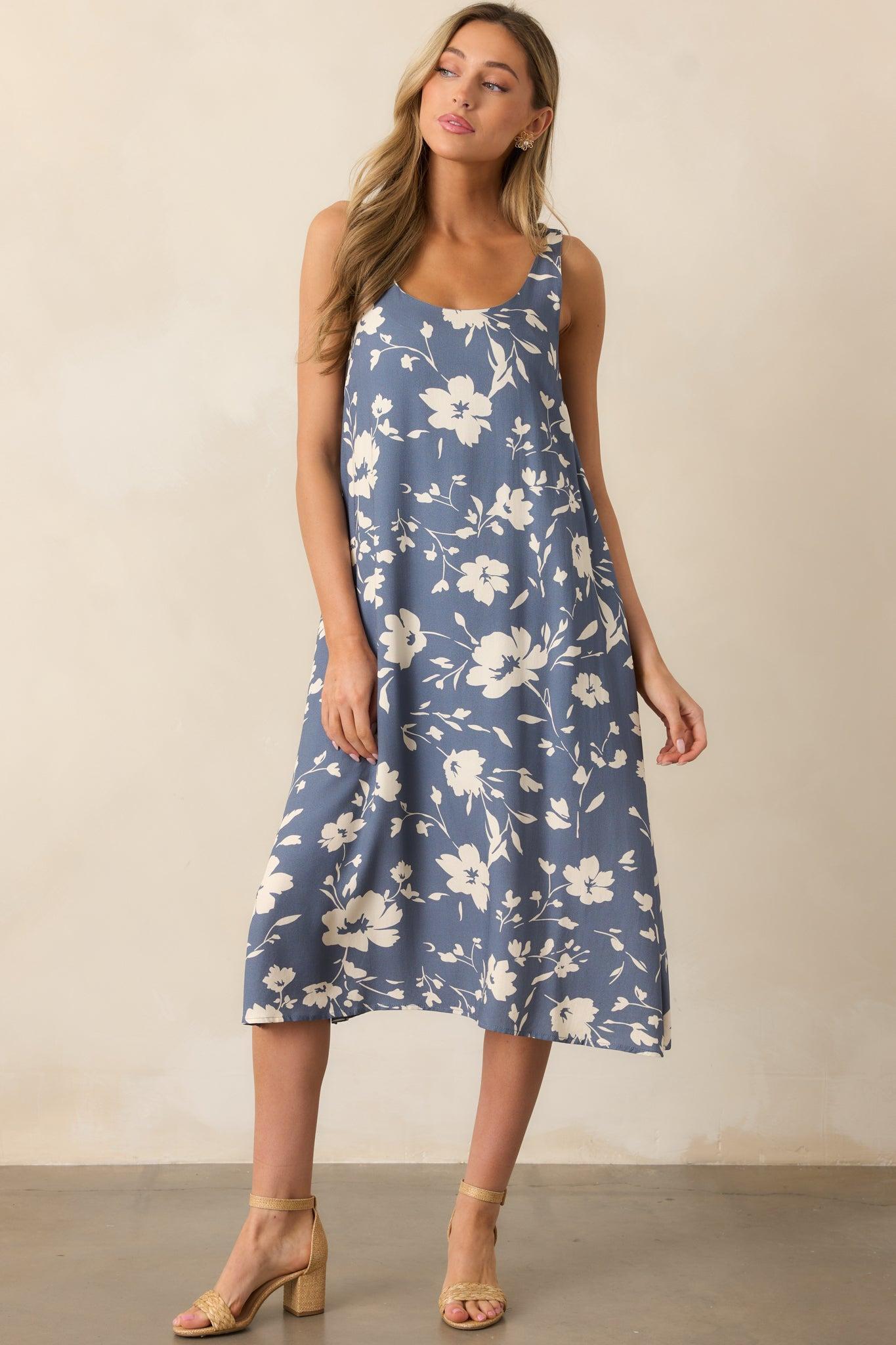 Breezing By Dusty Blue Floral Midi Dress Product Image