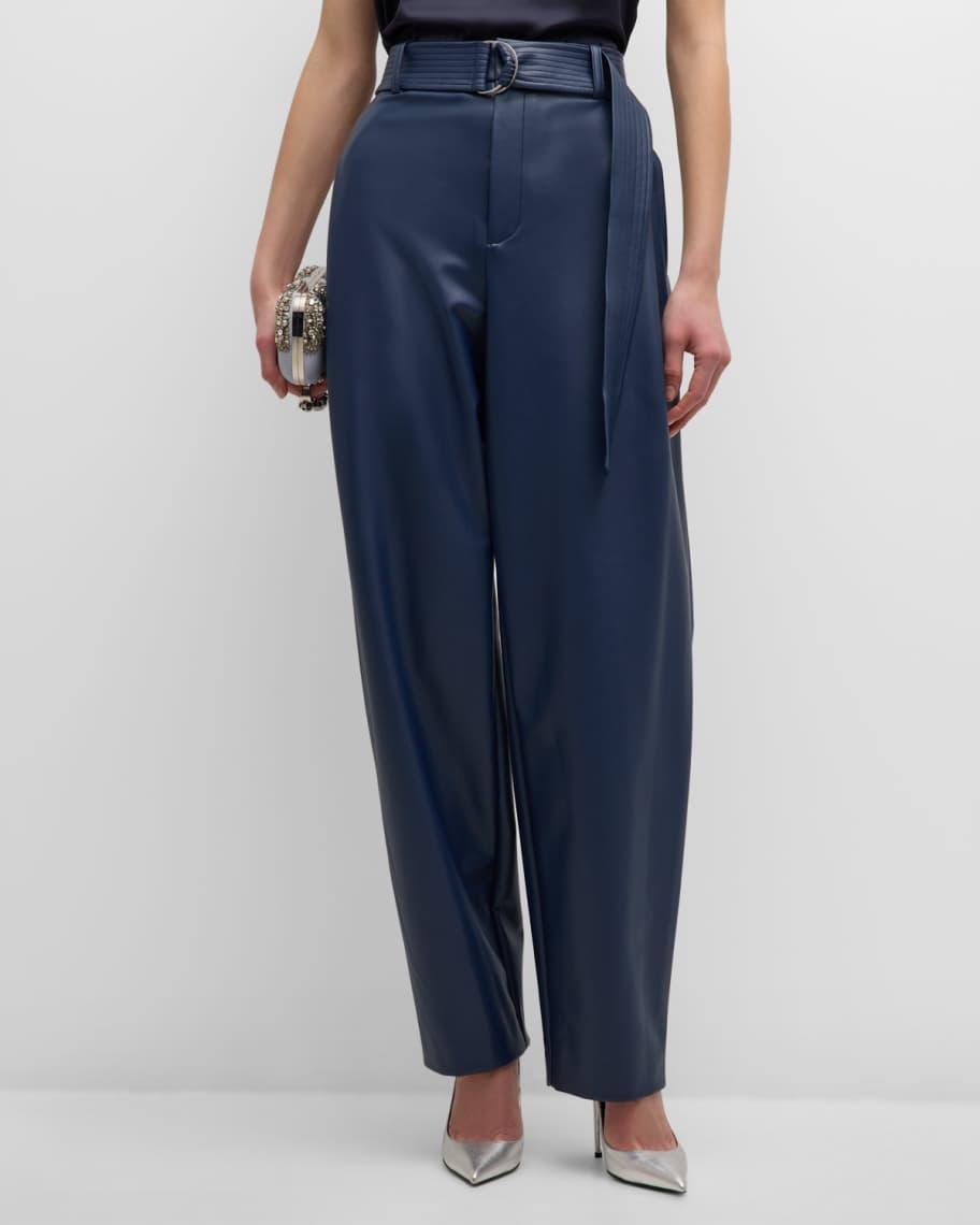 Mid-Rise Belted Stretch Faux Leather Tapered-Leg Trousers Product Image