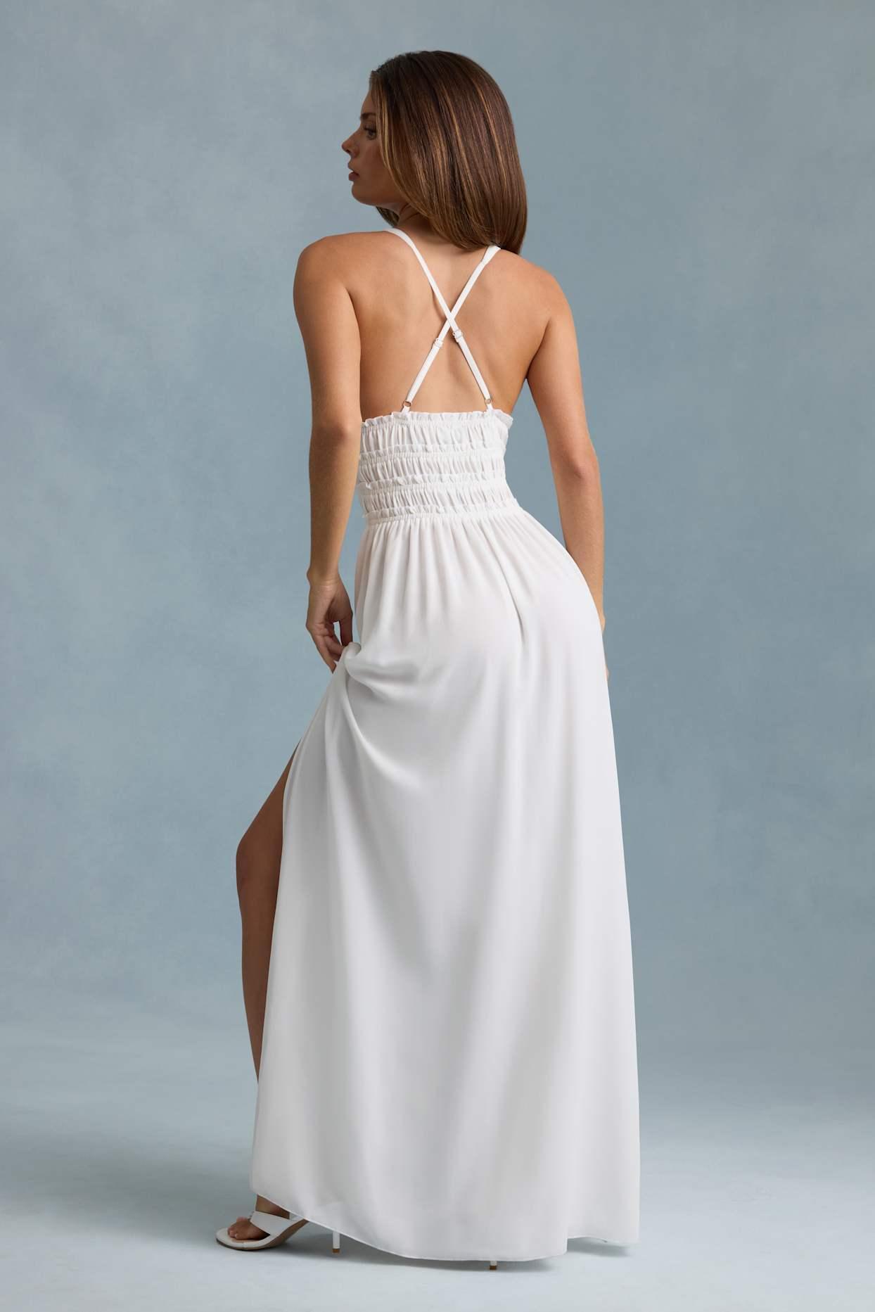 Plunge Cross-Back Maxi Dress in White Product Image