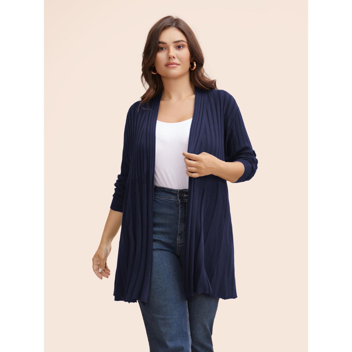 Plus Size Plain Textured Kimono Collar Cardigan Black Women Casual Loose Long Sleeve Everyday Cardigans BloomChic 12/L Product Image