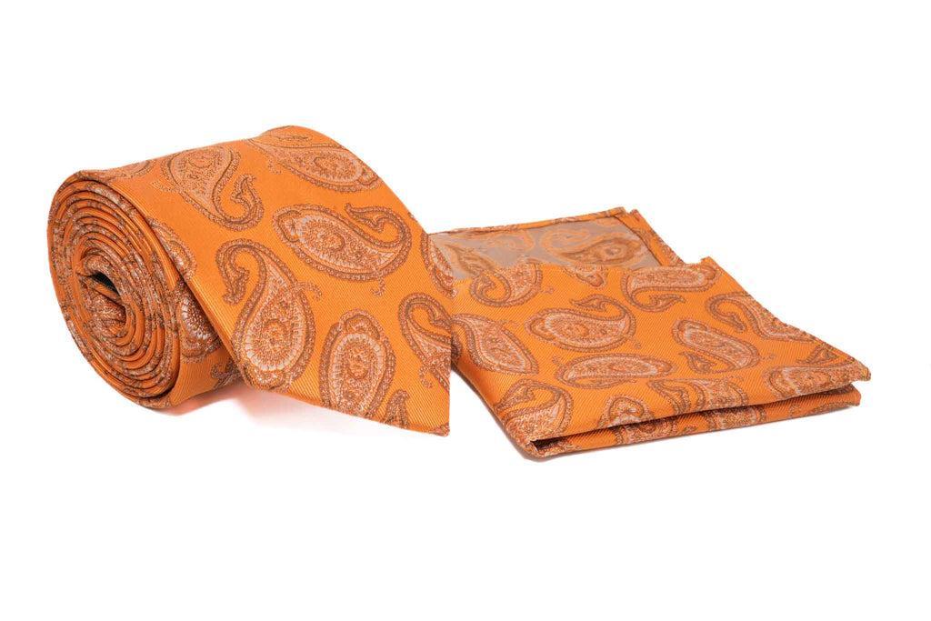 Pumpkin Orange Paisley Pattern Men's Tie and Pocket Square Set Product Image