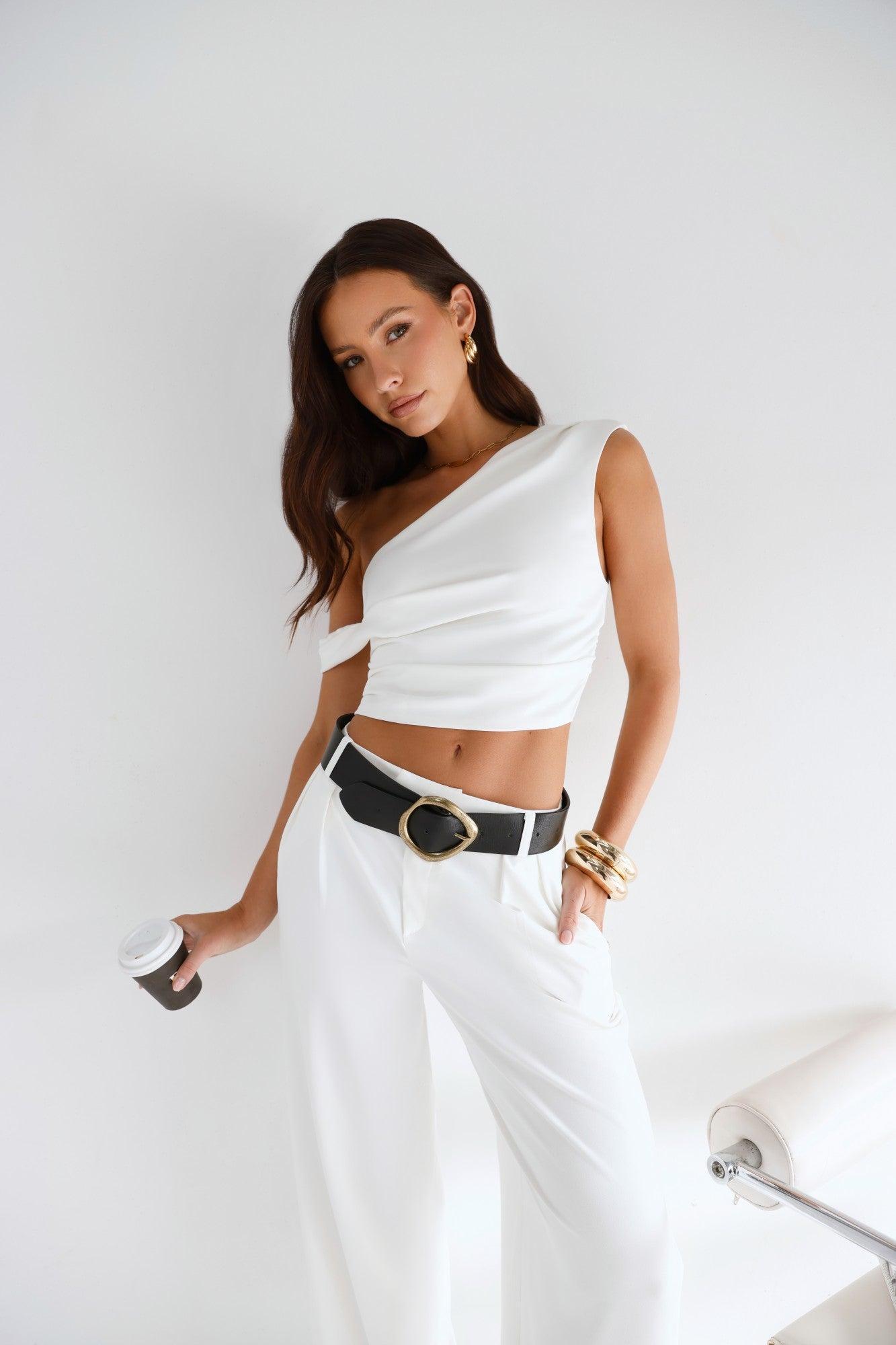 The Edit Tailored Off Shoulder Crop Top White Product Image