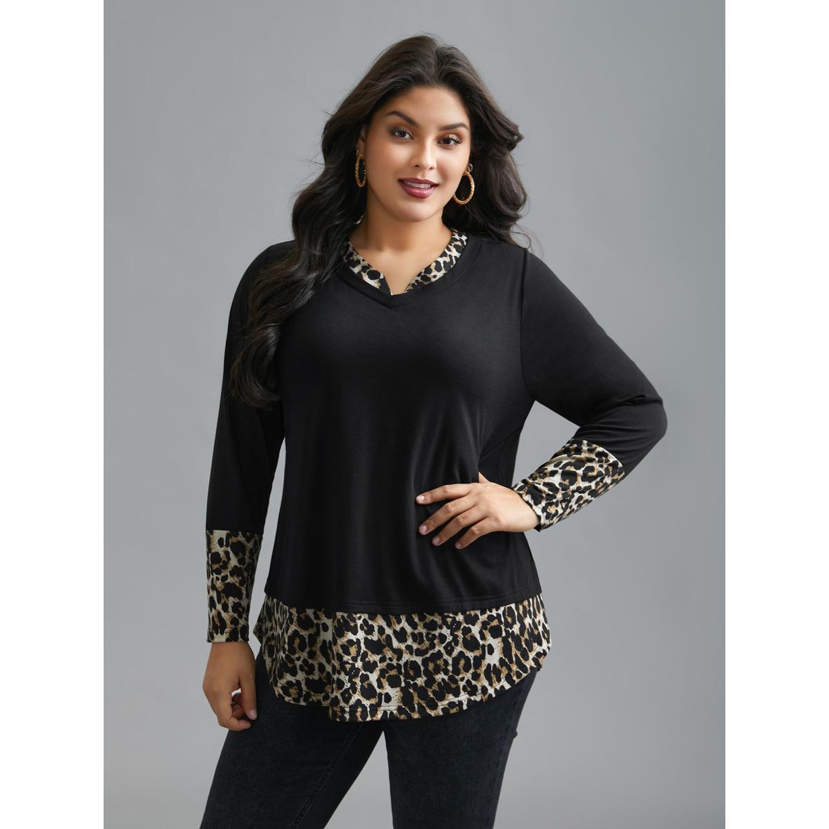 Plus Size Contrast Patchwork Leopard Stretchy T-shirt Black Women Casual Contrast Notched collar Everyday T-shirts BloomChic 28/5X Product Image
