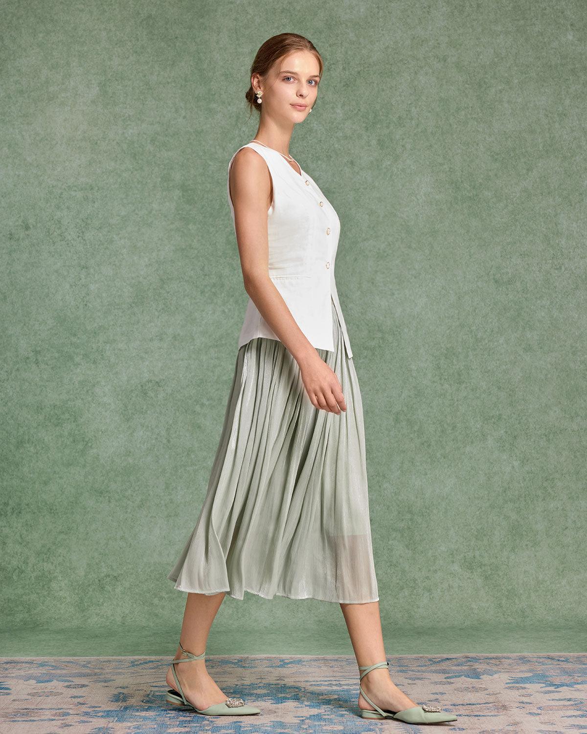 Green Flowy Pleated Midi Skirt Product Image