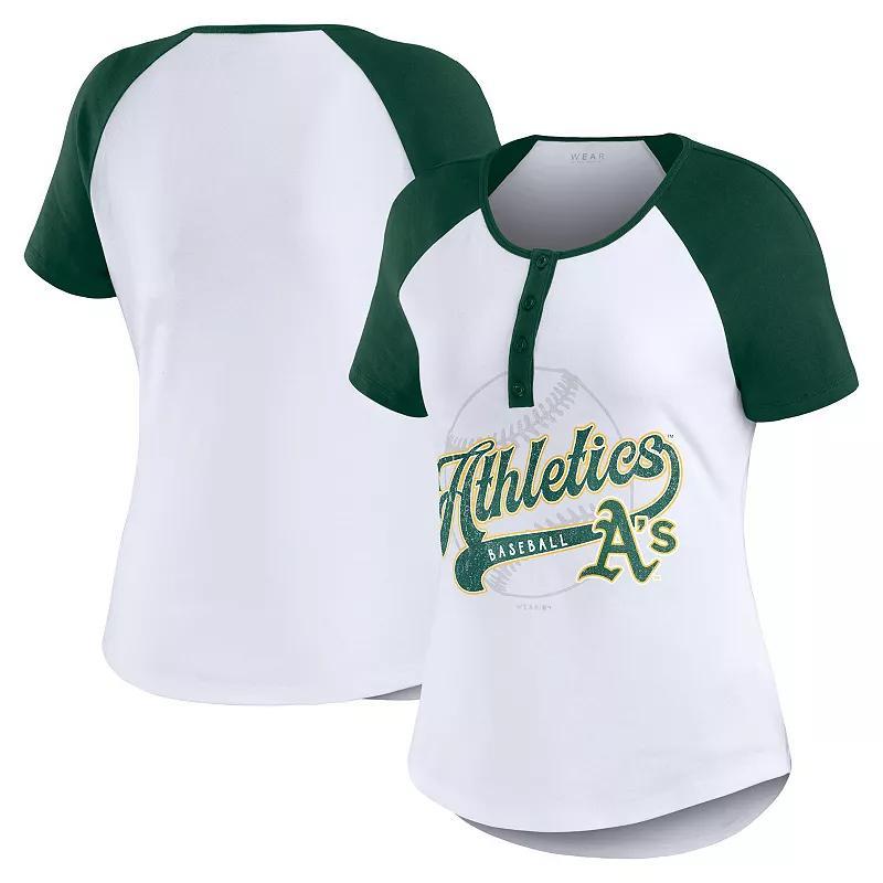 Women's WEAR by Erin Andrews White/Green Oakland Athletics Henley Raglan T-Shirt, Size: Small Product Image