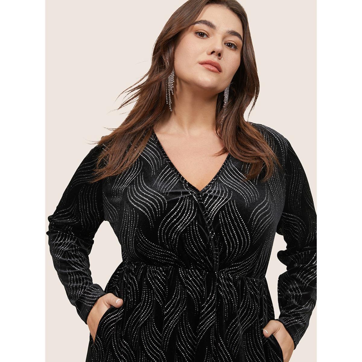 Plus Size Velvet Rhinestone Pocket Overlap Collar Dress Black Women Glamour Velvet Overlap Collar Long Sleeve Curvy Midi Dress BloomChic 22-24/3X Product Image