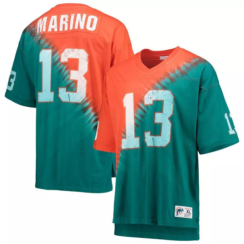 Men's Mitchell & Ness Dan Marino Orange/Aqua Miami Dolphins Retired Player Name & Number Diagonal Tie-Dye V-Neck T-Shirt,  Product Image