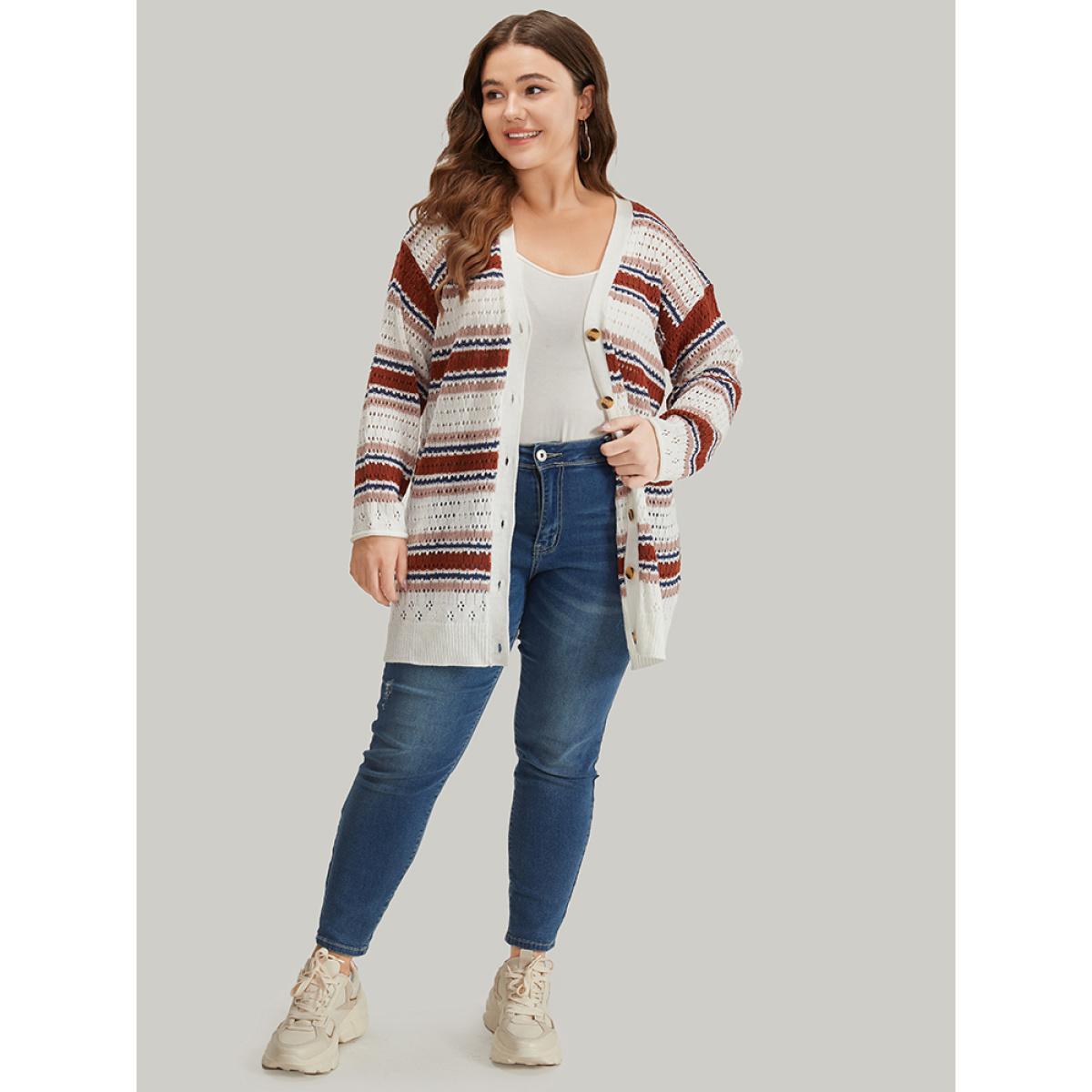 Plus Size Striped Contrast Pointelle Knit Button Through Cardigan Multicolor Women Casual Loose Long Sleeve Dailywear Cardigans BloomChic 14-16/1X Product Image