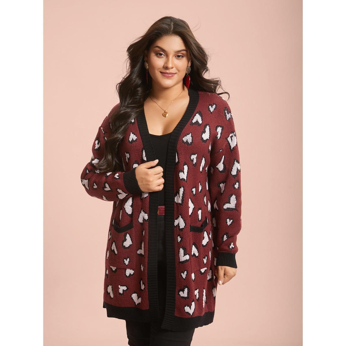 Plus Size Hearts All Over Open Front Contrast Cardigan Deepred Women Leisure Loose Long Sleeve Casual Cardigans BloomChic 30/6X Product Image