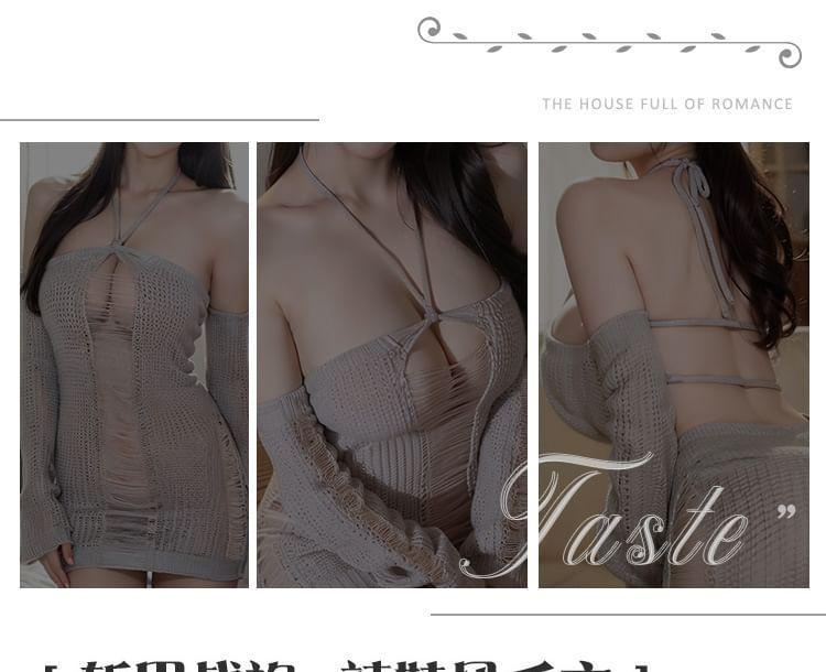 Lingerie Set: Distressed Halter Knit Top + Gloves Product Image