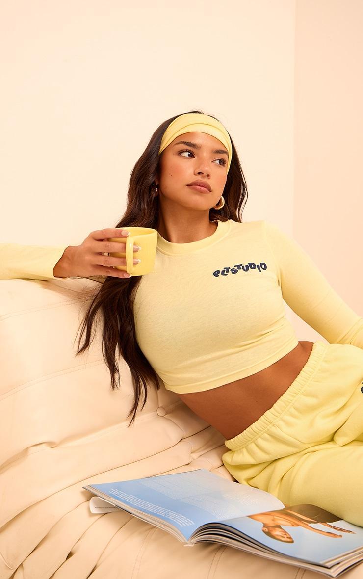 Butter Yellow PLT Studio Archive Puff Print Cotton Long Sleeve Crop Top Product Image