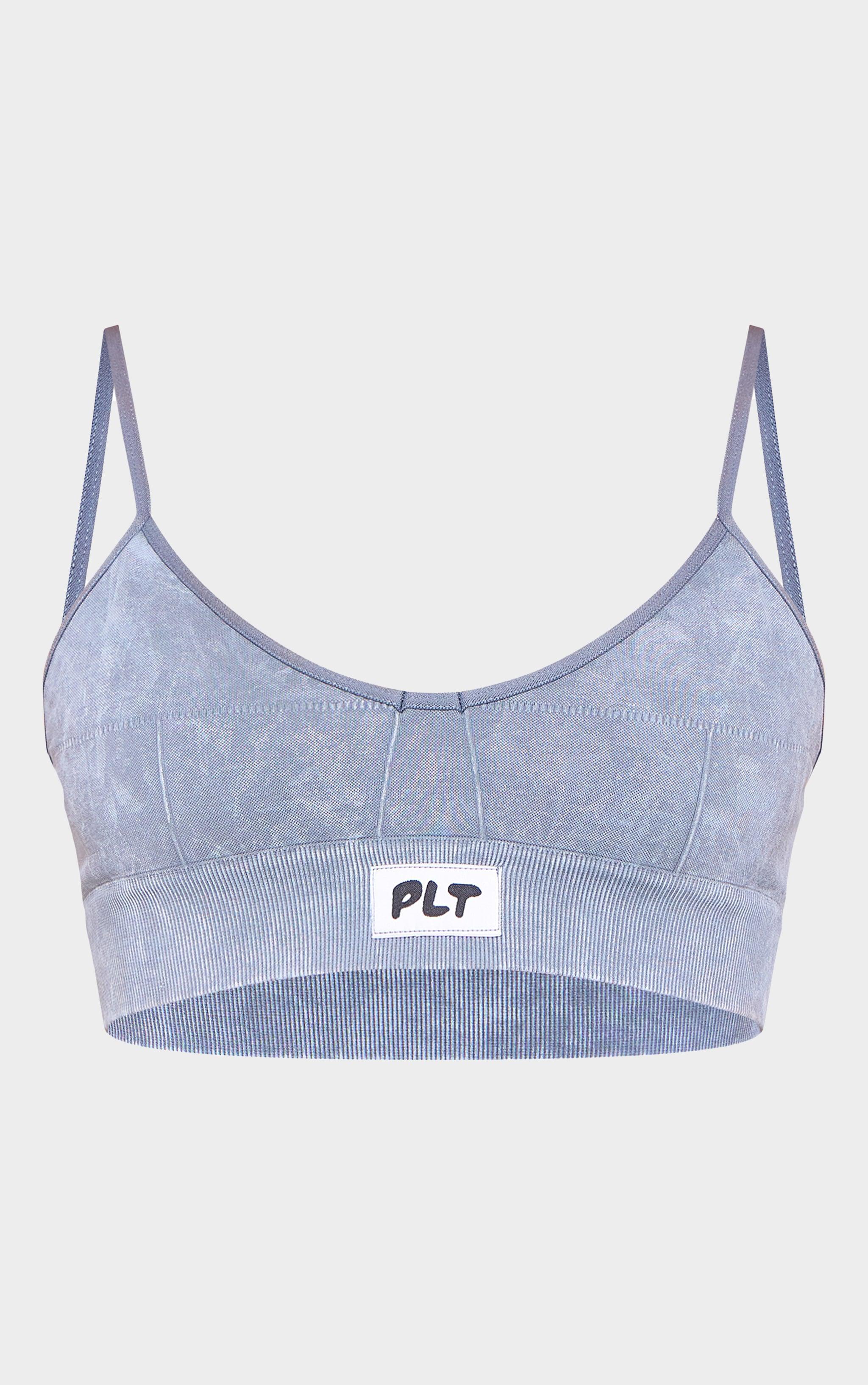 PRETTYLITTLETHING Woven Badge Dark Grey Acid Wash Bralette Product Image