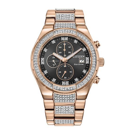 Men's Citizen Eco-DriveÂ® Crystal Accent Rose-Tone Chronograph Watch with Black Dial (Model: Ca0753-55E) Product Image