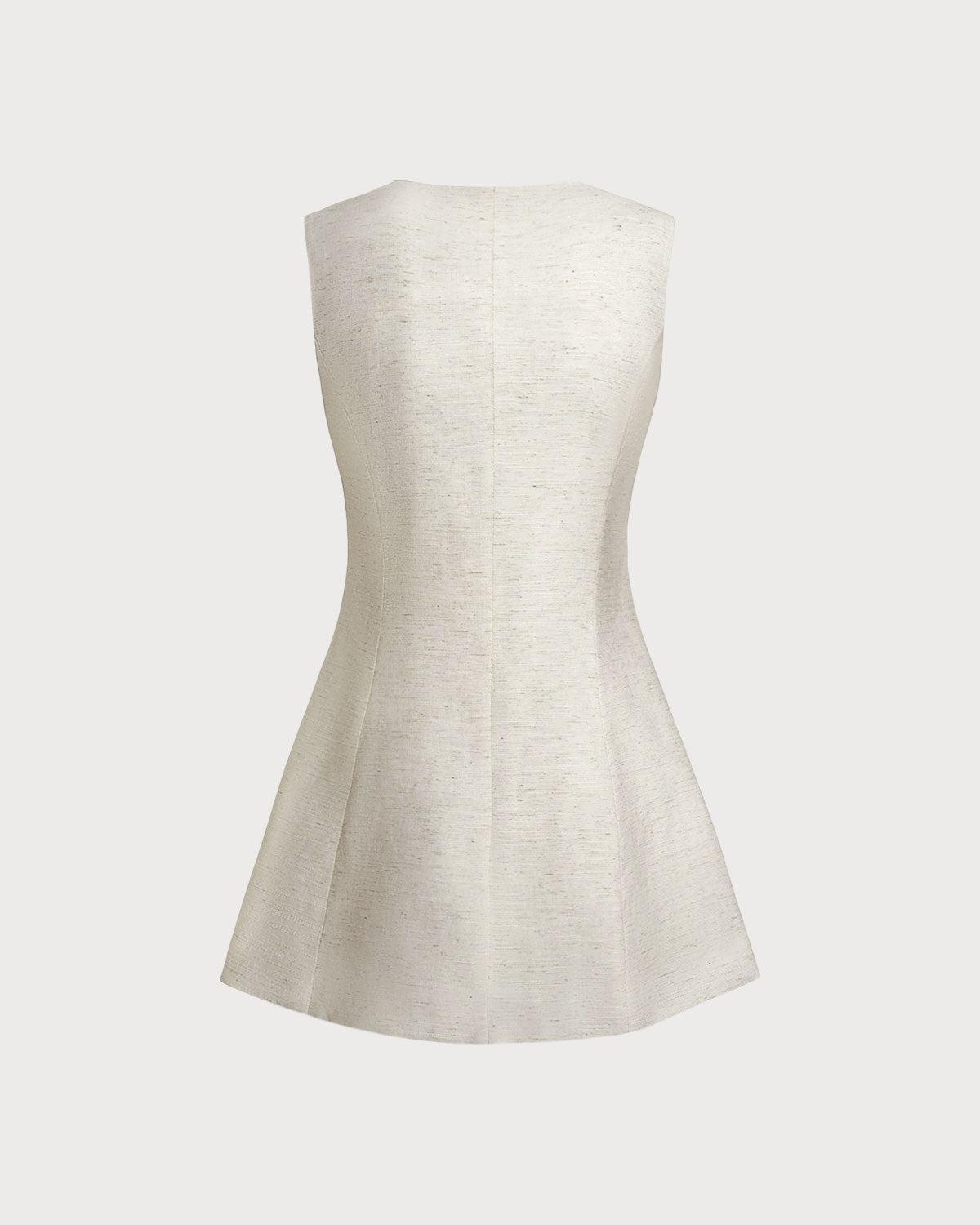 White Round Neck Button Sleeveless Mini Dress Product Image