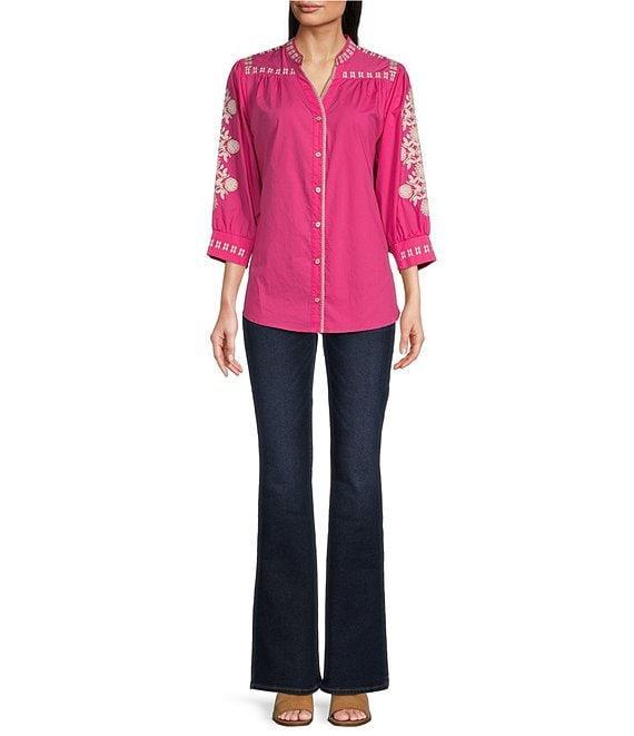 Calessa Embroidered Split V-Neck 3/4 Sleeve Button Front Shirt Product Image