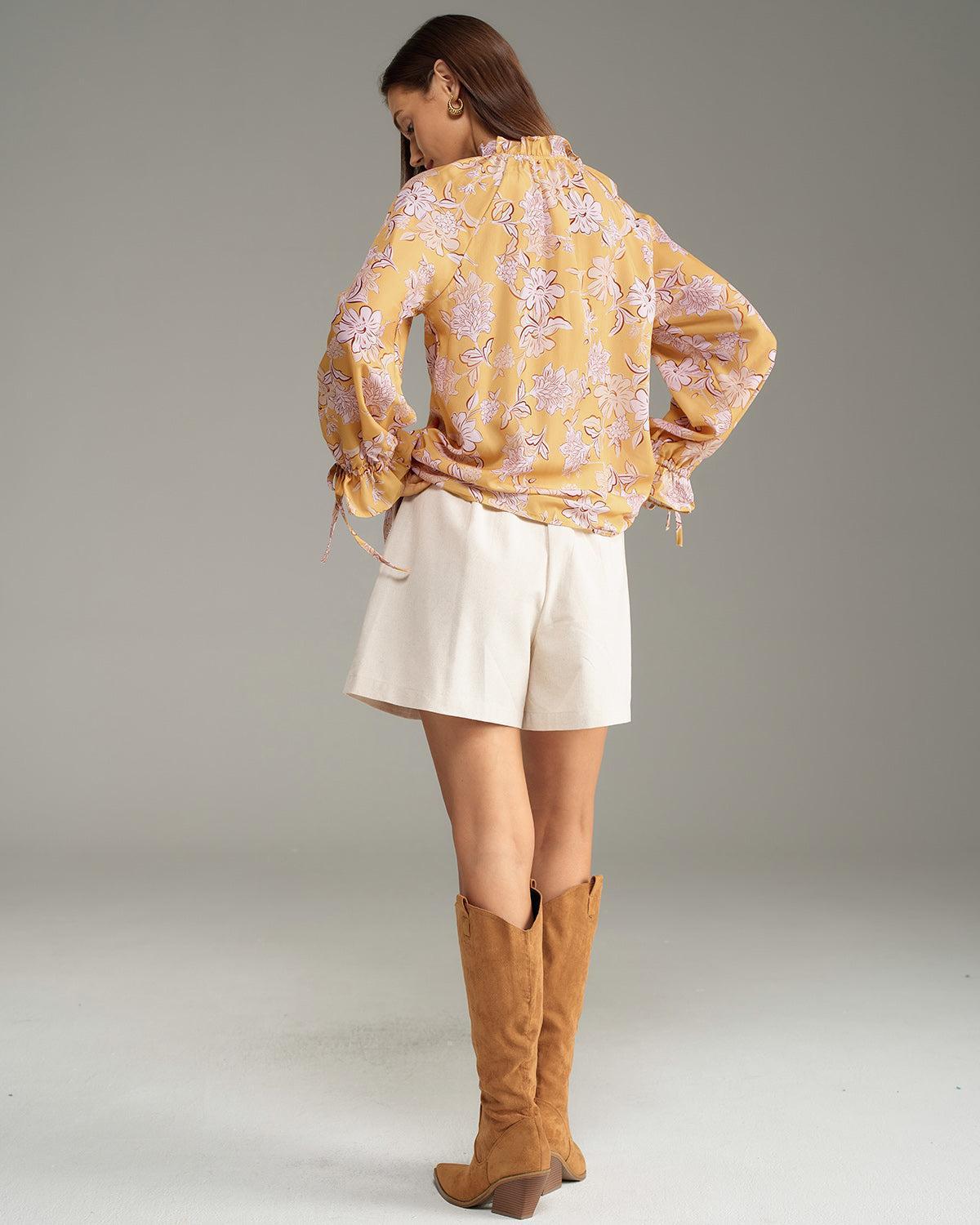 Yellow Floral Ruffle Bell Sleeve Shirt Product Image