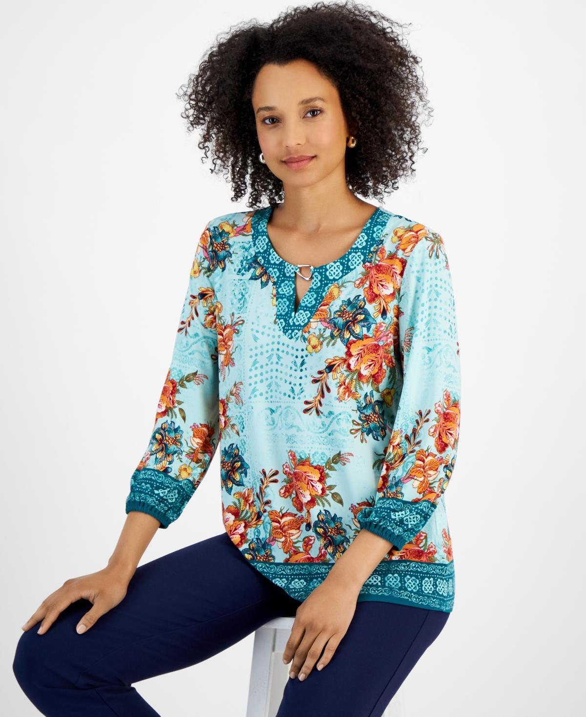 Jm Collection Womens Printed Long Sleeve Hardware-Trim Keyhole Top, Created for Macys Product Image