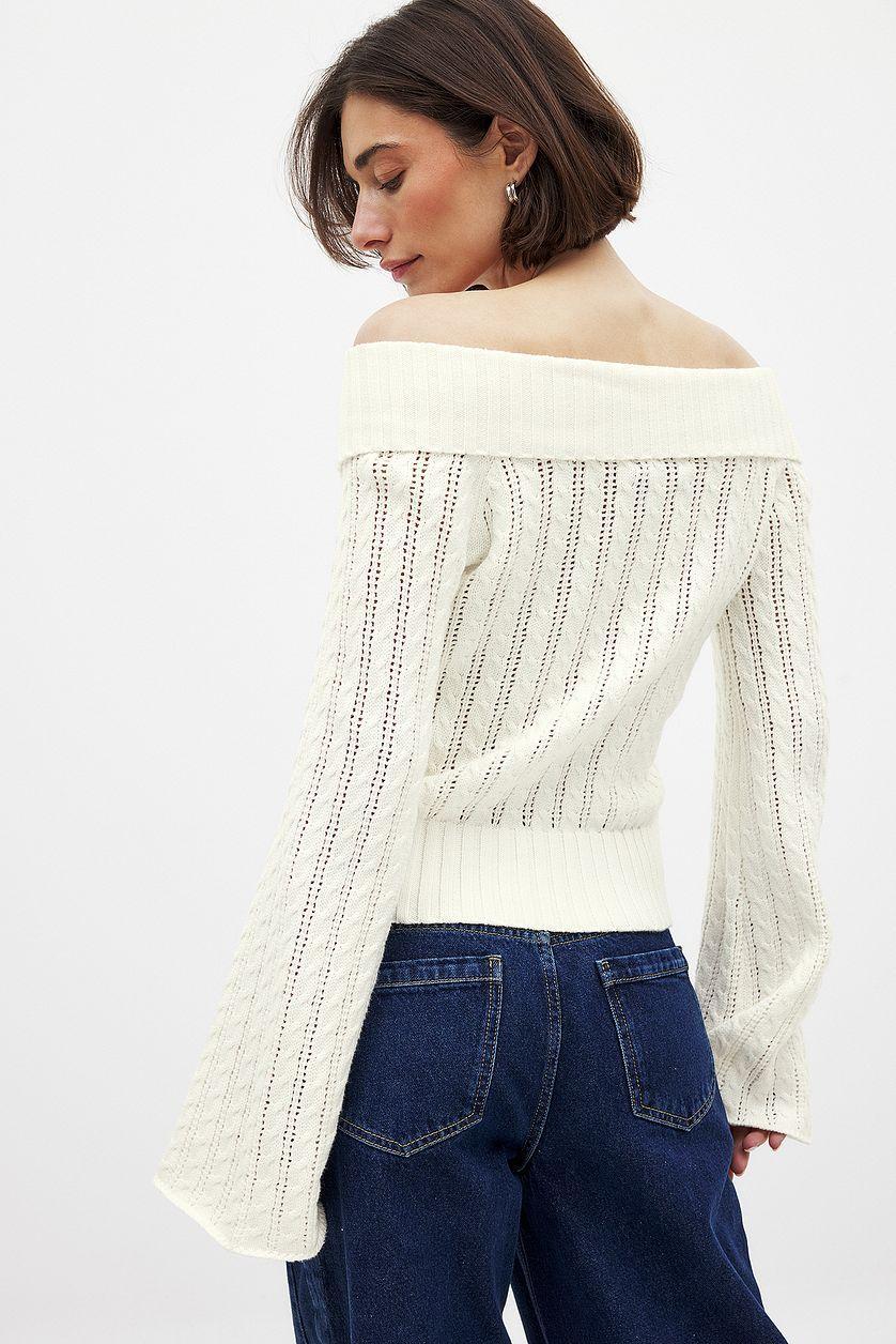 Knitted Off Shoulder Button Sweater Product Image