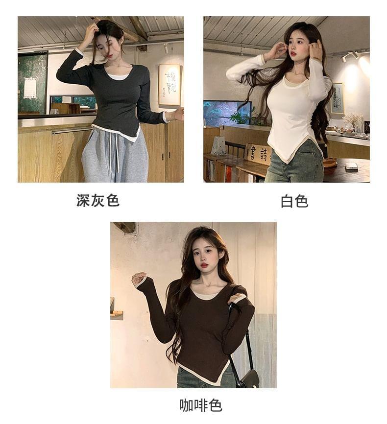 Mock Two-Piece Long-Sleeve Scoop Neck Two Tone Asymmetrical Slim Fit T-Shirt Product Image