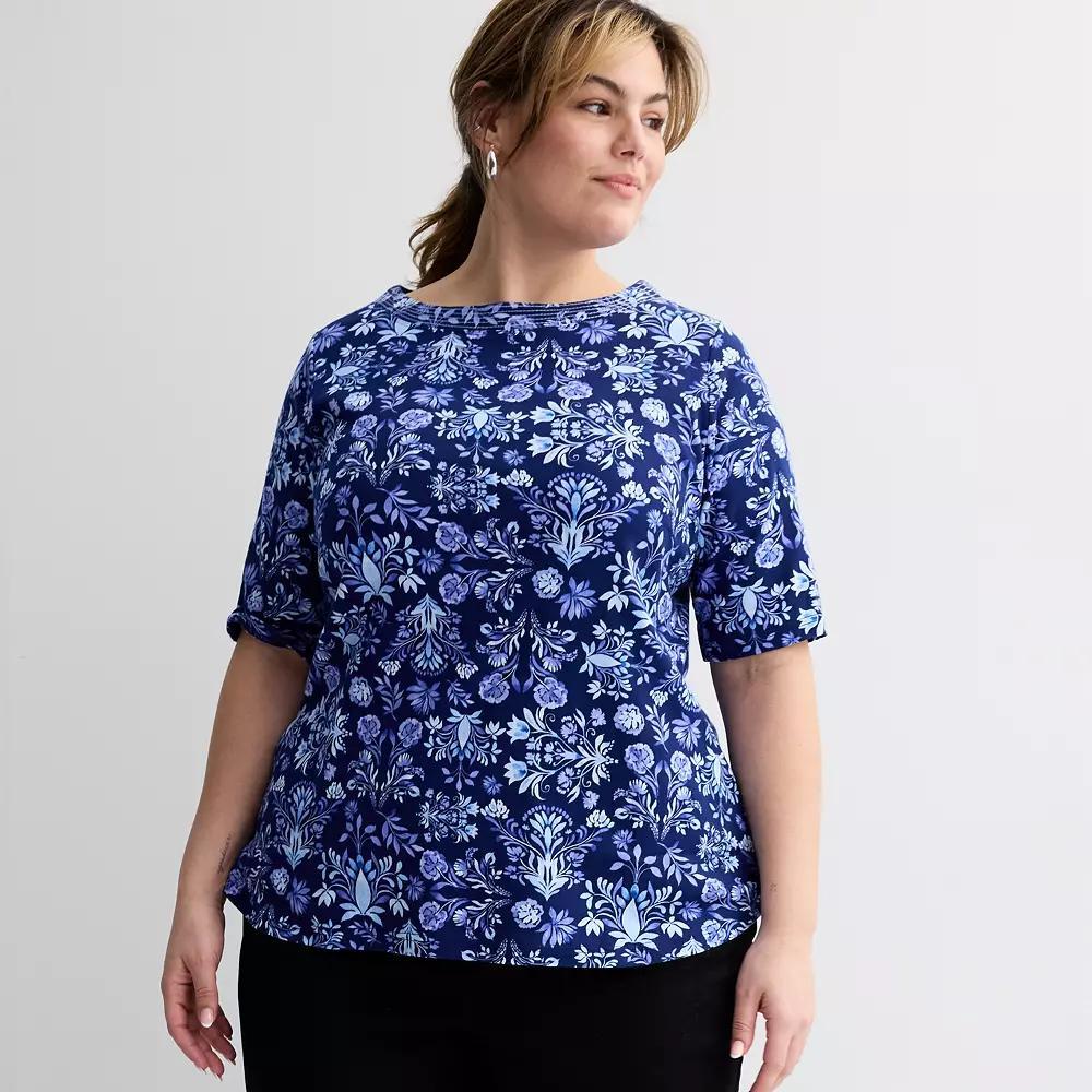 Plus Size Croft & Barrow® Stitched Bateau Elbow Sleeve T-Shirt, Women's, Size: 2XL, Blue Spring Tile Product Image