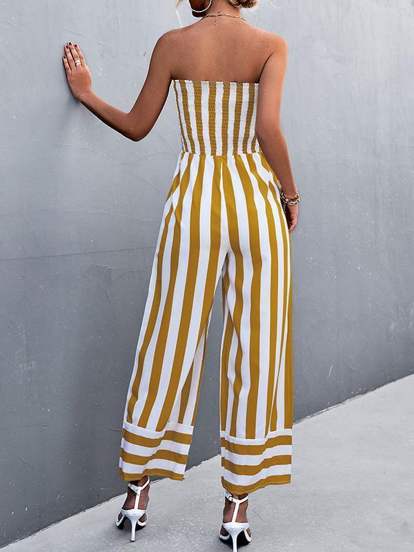 Loose Sleeveless Contrast Color Elasticity Striped Tube Jumpsuits Product Image