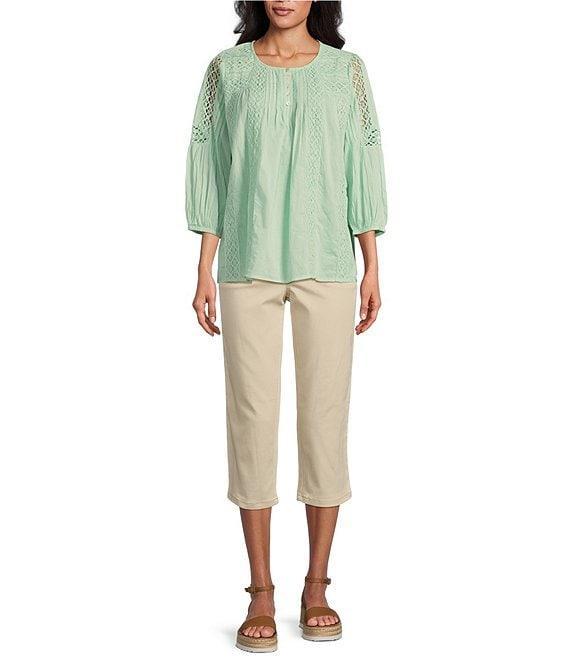 Intro Cotton Voile Crew Neck 3/4 Sleeve Lace Trim Peasant Blouse Product Image