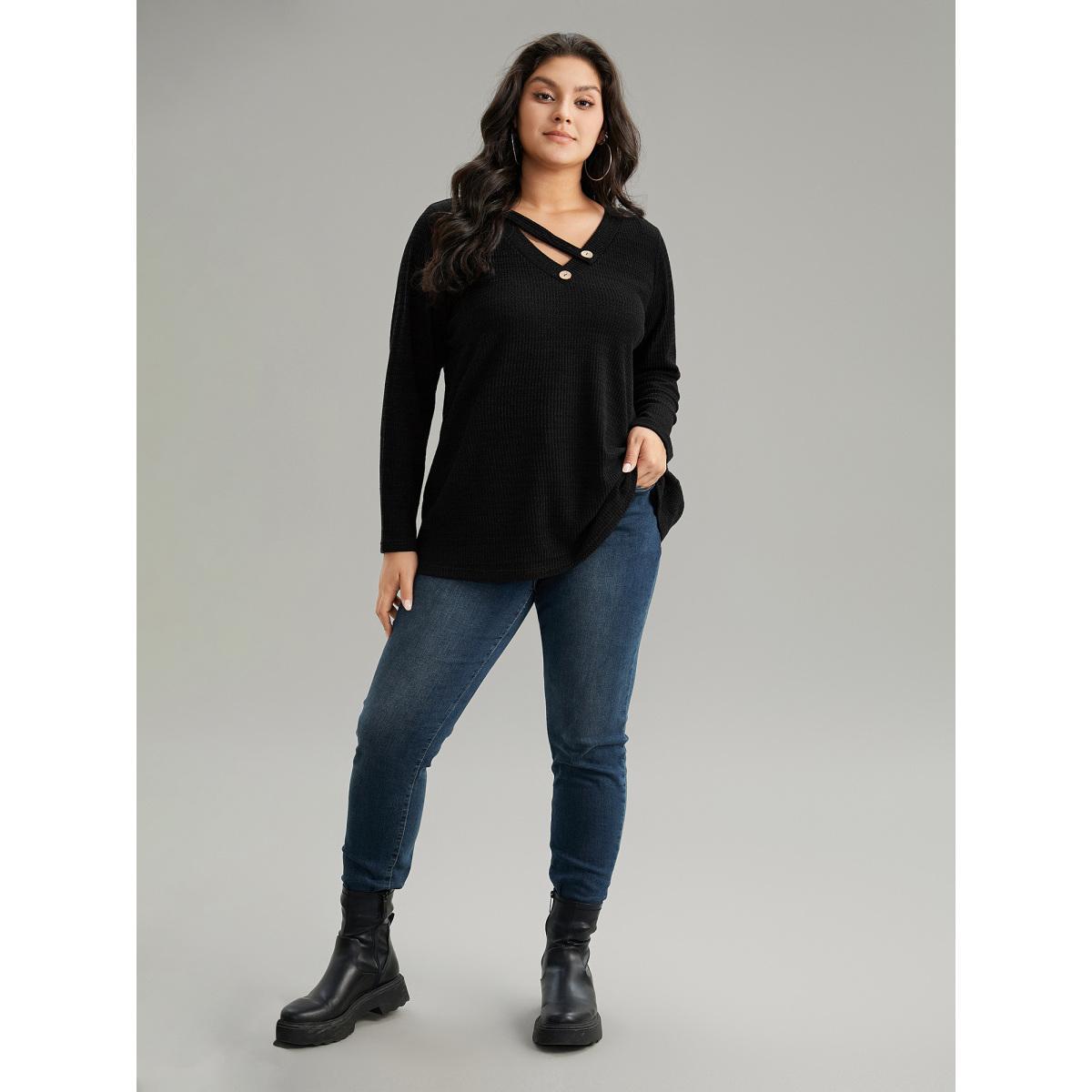 Plus Size Solid Rib Knit Button Detail T-shirt Black Women Leisure Non Plain V-neck Casual T-shirts BloomChic 10/M Product Image