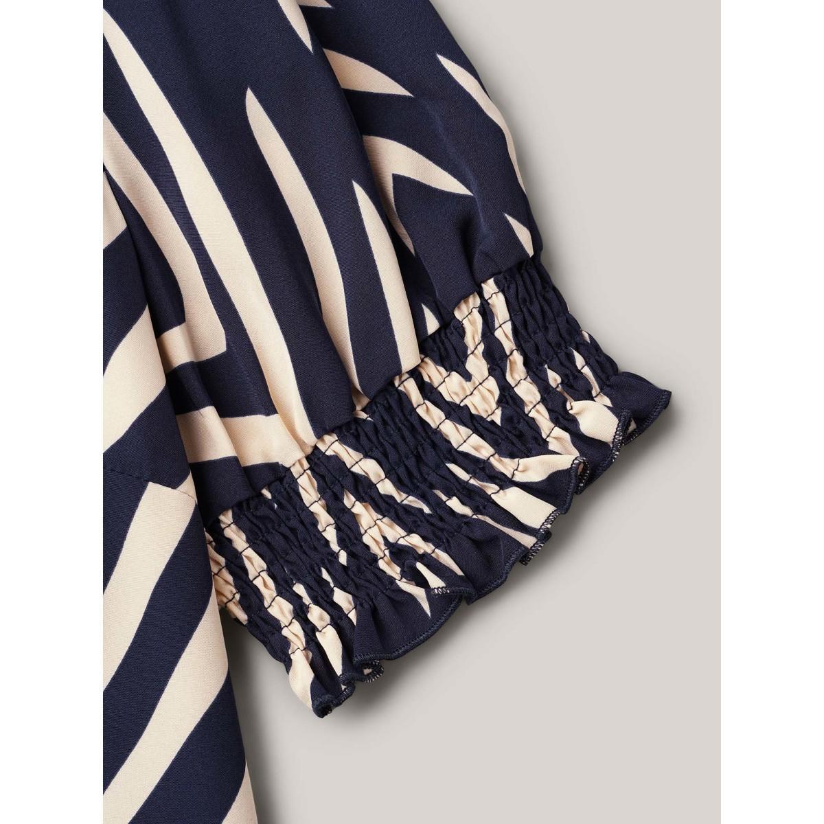 Plus Size Black Geometric Print Ruffled Shirred Shirt Women Office Half Sleeve Flat collar with V-notch Office Blouses BloomChic 26/4X Product Image