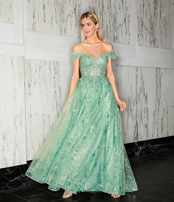 B. Darlin Patterned Glitter Mesh Sweetheart Neck Off-The-Shoulder Dress Product Image